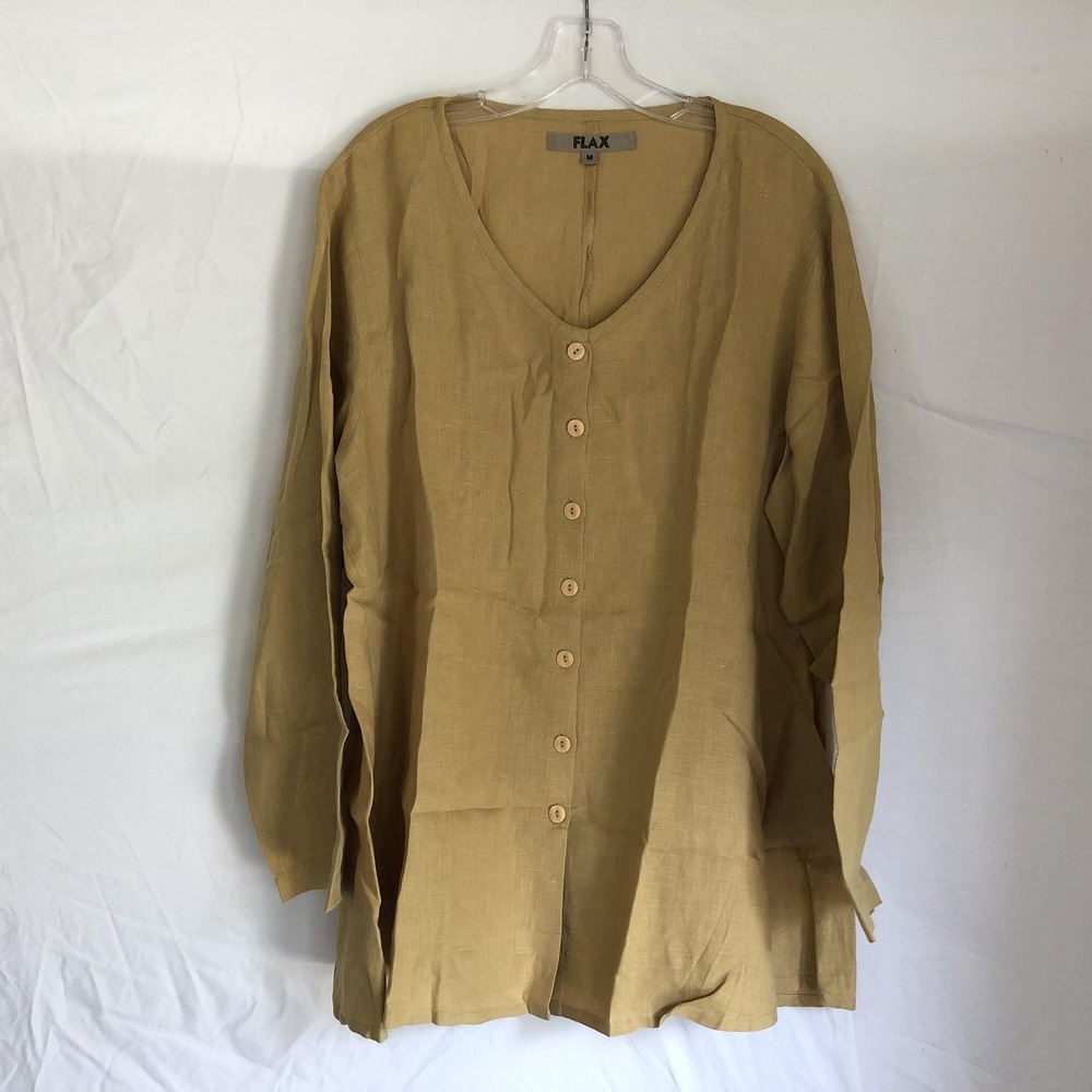 Flax Blouse Womens Medium Brown V Neck 100% Linen Button Front Tunic Long Sleeve